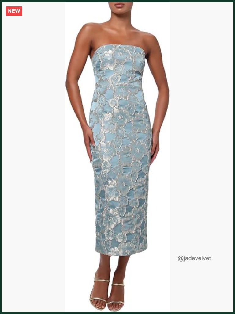Strapless Floral Jacquard Midi Dress Elegant Fit Evening Party Cocktail